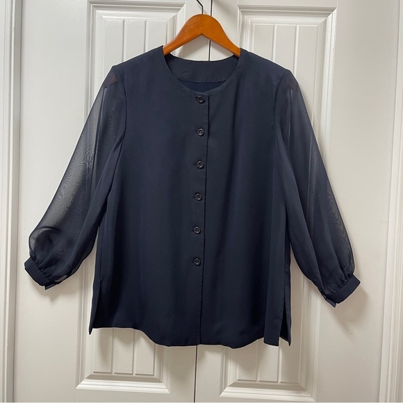 Vintage Button-Up Blouse with Sheer Sleeves Navy - M - Picture 3 of 11